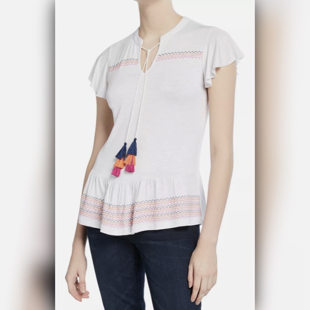 Neiman Marcus Embroidered Tassel Peplum Top
